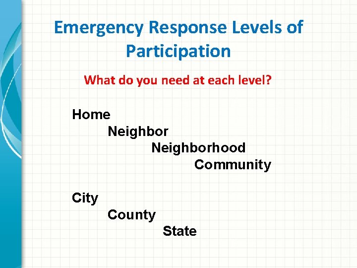 Emergency Response Levels of Participation What do you need at each level? Home Neighborhood