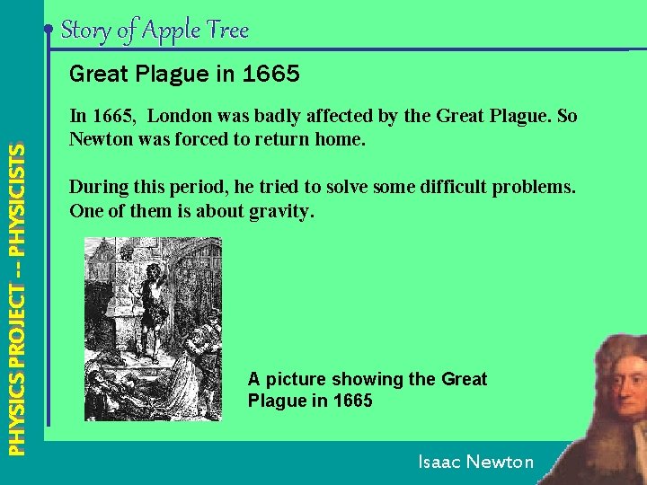 Story of Apple Tree PHYSICS PROJECT --- PHYSICISTS Great Plague in 1665 In 1665,