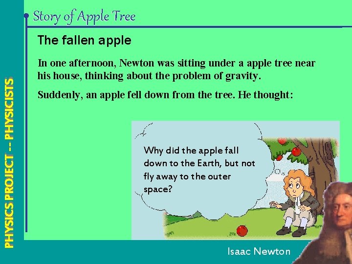 Story of Apple Tree PHYSICS PROJECT --- PHYSICISTS The fallen apple In one afternoon,