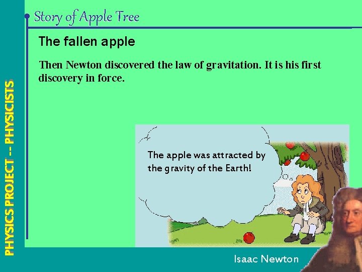 Story of Apple Tree PHYSICS PROJECT --- PHYSICISTS The fallen apple Then Newton discovered