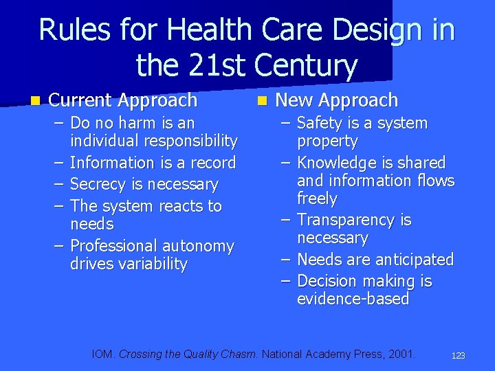 Rules for Health Care Design in the 21 st Century n Current Approach –