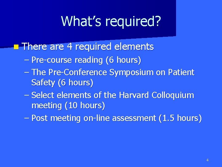 What’s required? n There are 4 required elements – Pre-course reading (6 hours) –