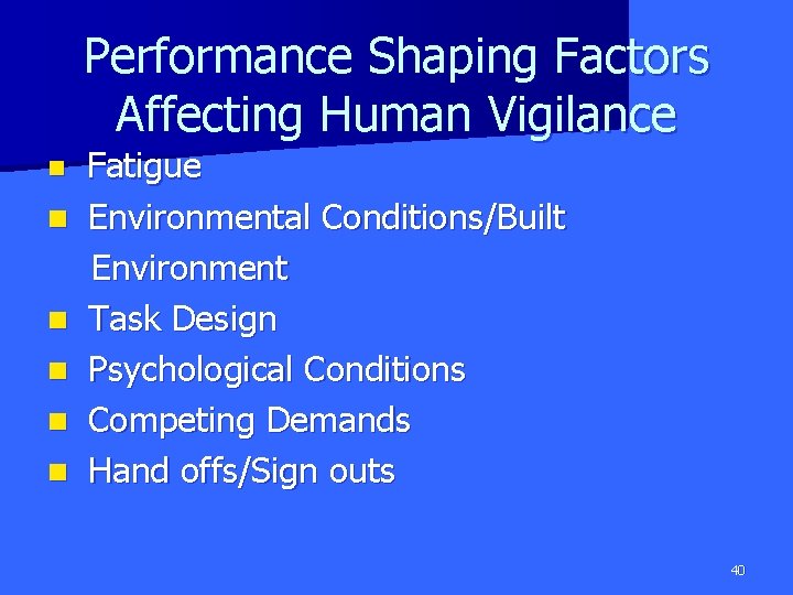 Performance Shaping Factors Affecting Human Vigilance n n n Fatigue Environmental Conditions/Built Environment Task