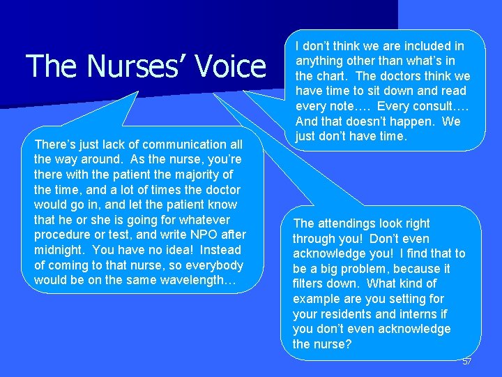 The Nurses’ Voice There’s just lack of communication all the way around. As the