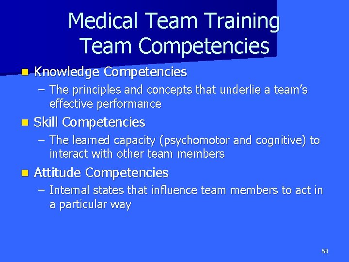 Medical Team Training Team Competencies n Knowledge Competencies – The principles and concepts that