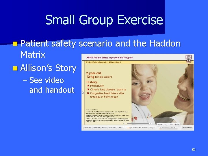 Small Group Exercise n Patient safety scenario and the Haddon Matrix n Allison’s Story