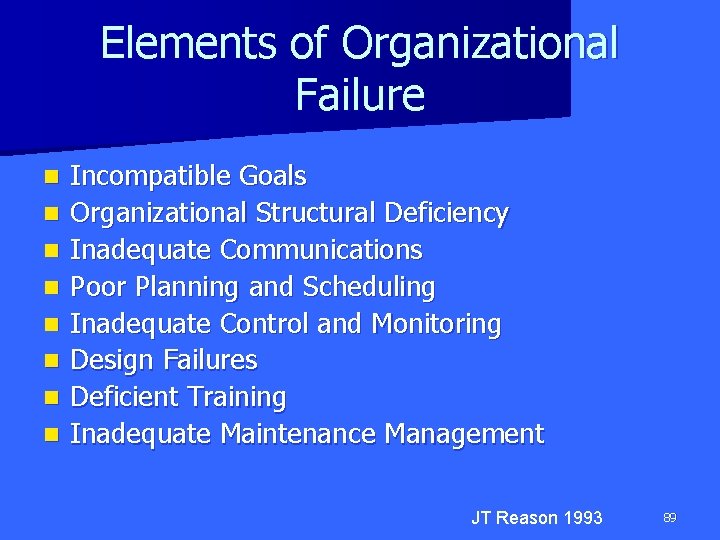 Elements of Organizational Failure n n n n Incompatible Goals Organizational Structural Deficiency Inadequate