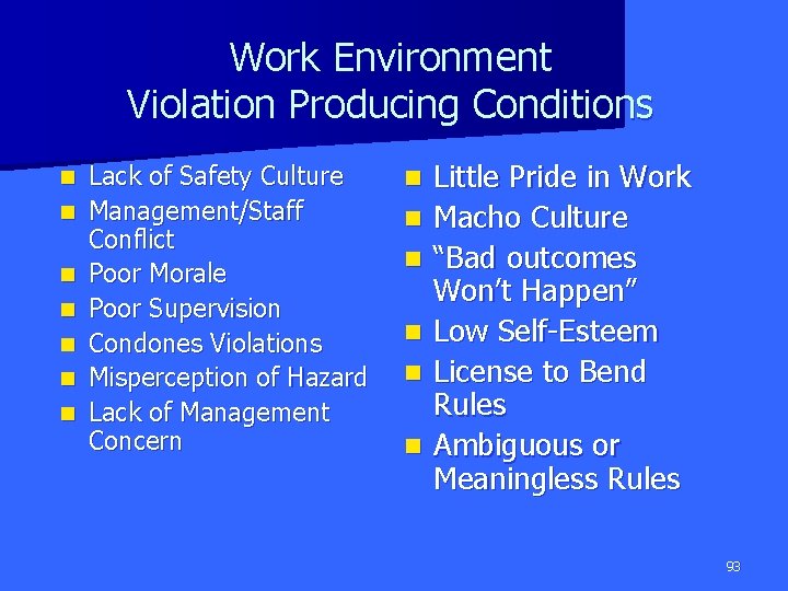 Work Environment Violation Producing Conditions n n n n Lack of Safety Culture Management/Staff