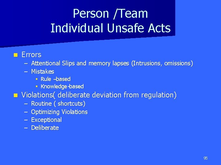 Person /Team Individual Unsafe Acts n Errors – Attentional Slips and memory lapses (Intrusions,
