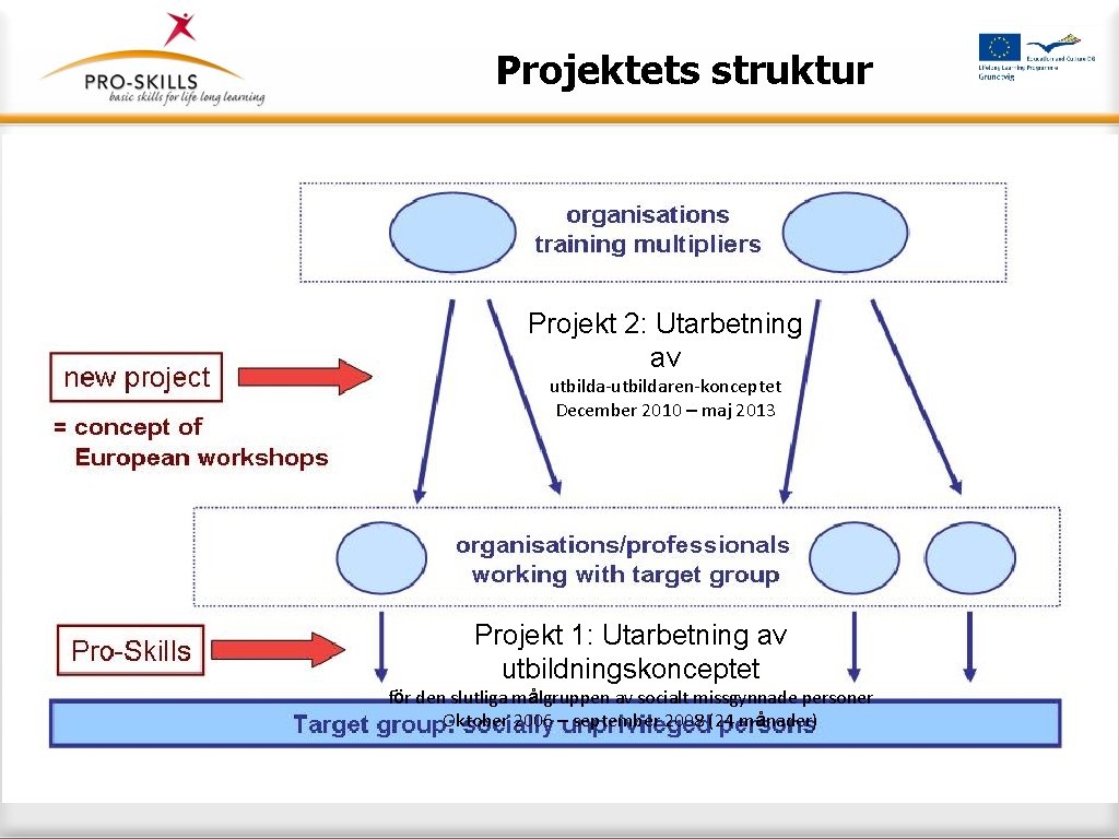 Projektets struktur Projekt 2: Utarbetning av utbilda-utbildaren-konceptet December 2010 – maj 2013 Projekt 1: