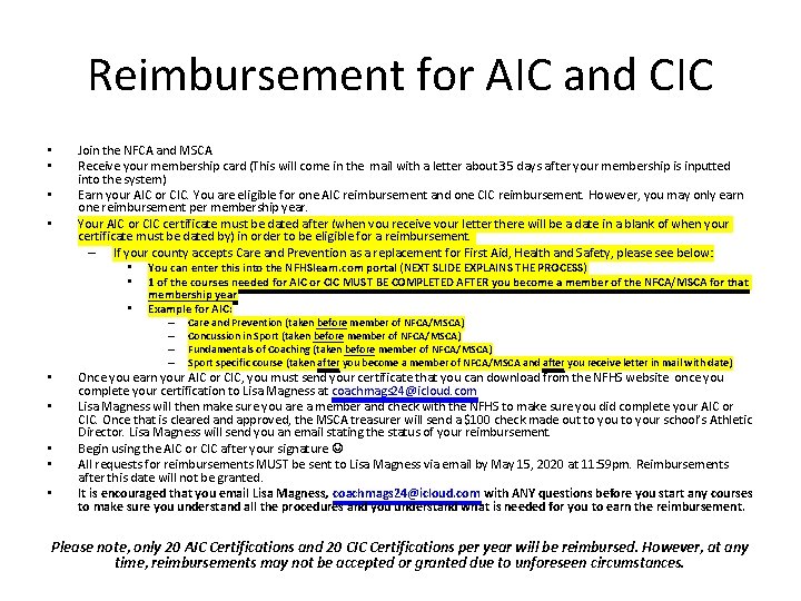 Reimbursement for AIC and CIC • • Join the NFCA and MSCA Receive your