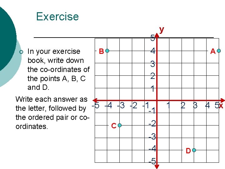 Exercise ¡ In your exercise book, write down the co-ordinates of the points A,