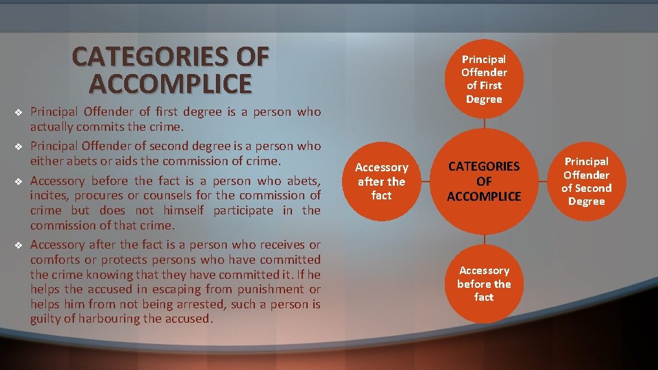 CATEGORIES OF ACCOMPLICE v v Principal Offender of first degree is a person who