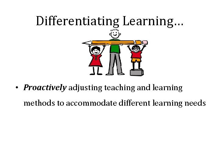 Differentiating Learning… • Proactively adjusting teaching and learning methods to accommodate different learning needs