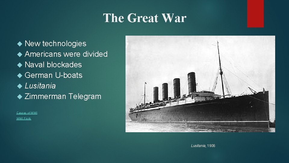 The Great War New technologies Americans were divided Naval blockades German U-boats Lusitania Zimmerman