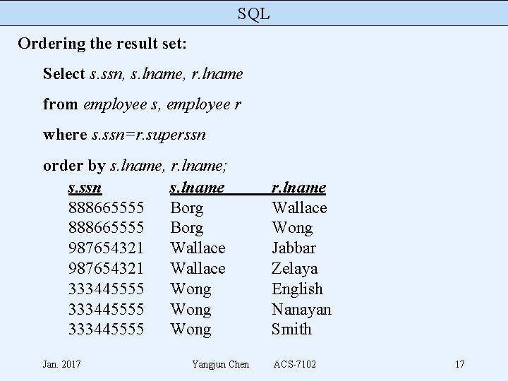 SQL Ordering the result set: Select s. ssn, s. lname, r. lname from employee