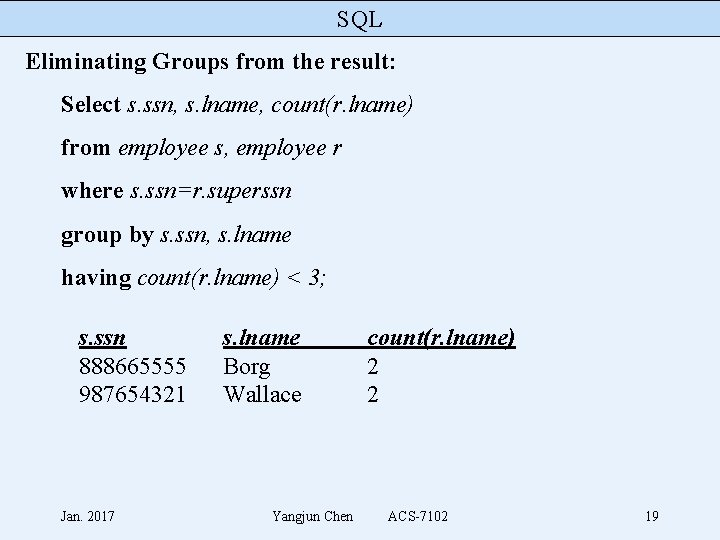 SQL Eliminating Groups from the result: Select s. ssn, s. lname, count(r. lname) from