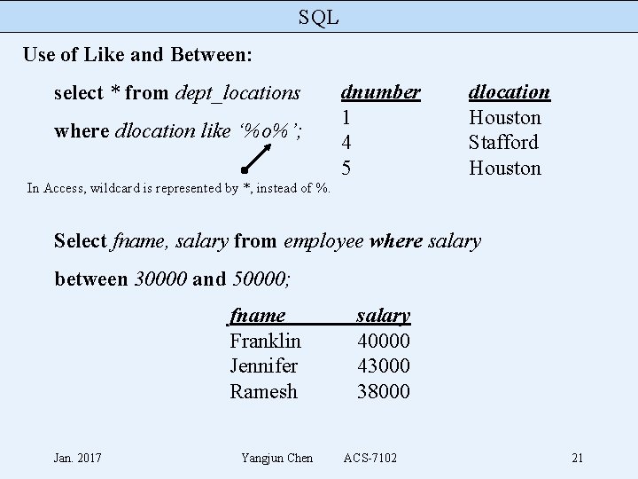 SQL Use of Like and Between: select * from dept_locations where dlocation like ‘%o%’;