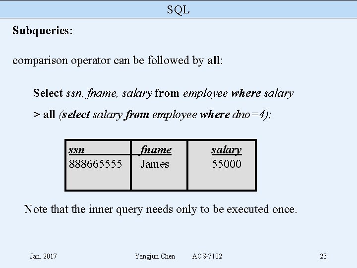 SQL Subqueries: comparison operator can be followed by all: Select ssn, fname, salary from
