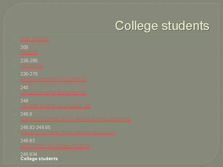 College students � Main Classes � � 200 Religion � � 230 -280 Christianity