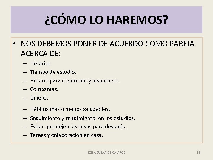 ¿CÓMO LO HAREMOS? • NOS DEBEMOS PONER DE ACUERDO COMO PAREJA ACERCA DE: –