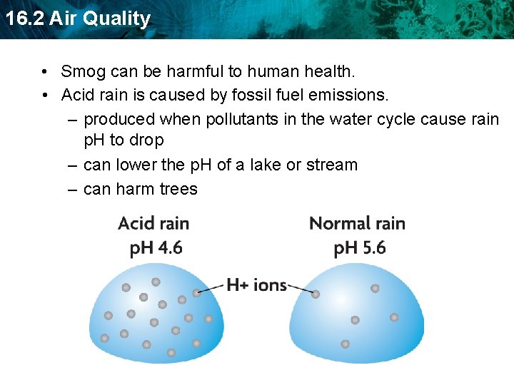 16. 2 Air Quality • Smog can be harmful to human health. • Acid