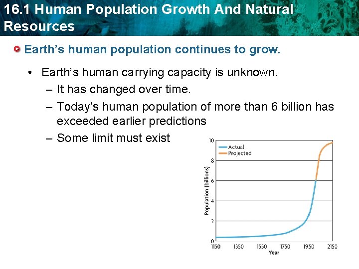 16. 1 Human Population Growth And Natural Resources Earth’s human population continues to grow.