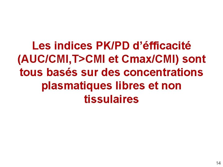 Les indices PK/PD d’éfficacité (AUC/CMI, T>CMI et Cmax/CMI) sont tous basés sur des concentrations