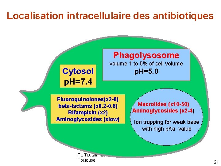 Localisation intracellulaire des antibiotiques Phagolysosome Cytosol p. H=7. 4 volume 1 to 5% of