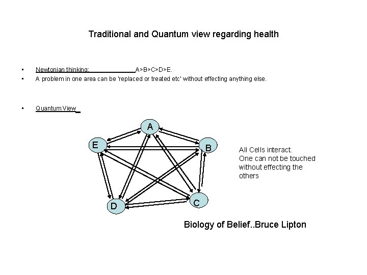 Traditional and Quantum view regarding health • • Newtonian thinking; A>B>C>D>E. A problem in