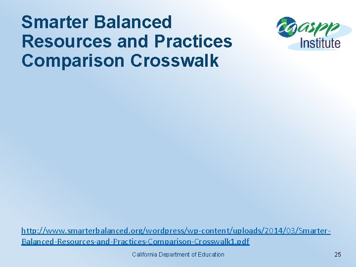 Smarter Balanced Resources and Practices Comparison Crosswalk http: //www. smarterbalanced. org/wordpress/wp-content/uploads/2014/03/Smarter. Balanced-Resources-and-Practices-Comparison-Crosswalk 1. pdf