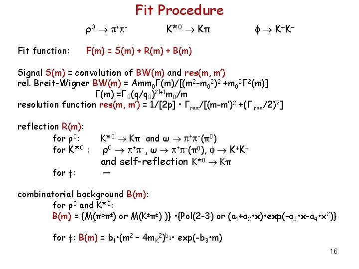 Fit Procedure ρ 0 + Fit function: K*0 Kπ K K F(m) = S(m)