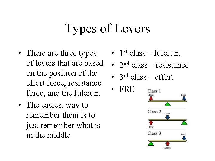 Types of Levers • There are three types of levers that are based on