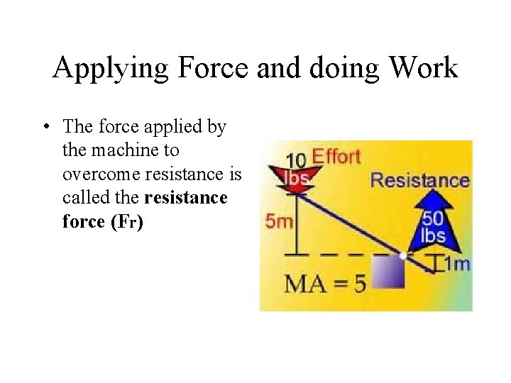 Applying Force and doing Work • The force applied by the machine to overcome