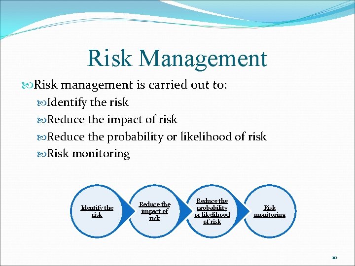 Risk Management Risk management is carried out to: Identify the risk Reduce the impact