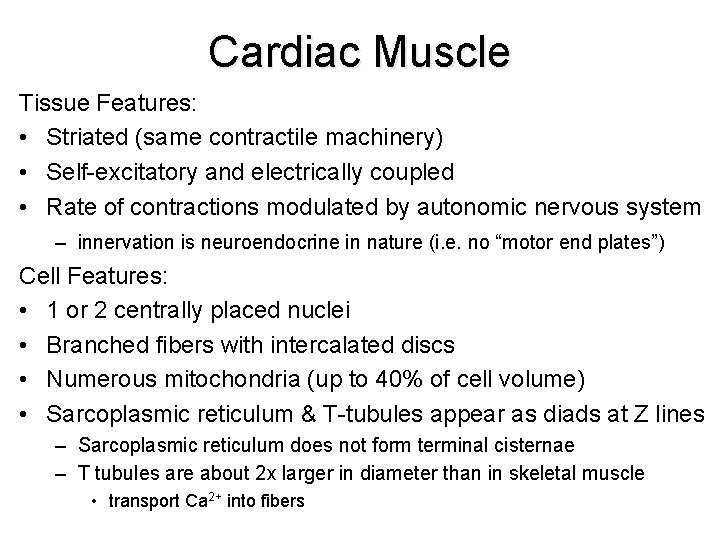 Cardiac Muscle Tissue Features: • Striated (same contractile machinery) • Self-excitatory and electrically coupled
