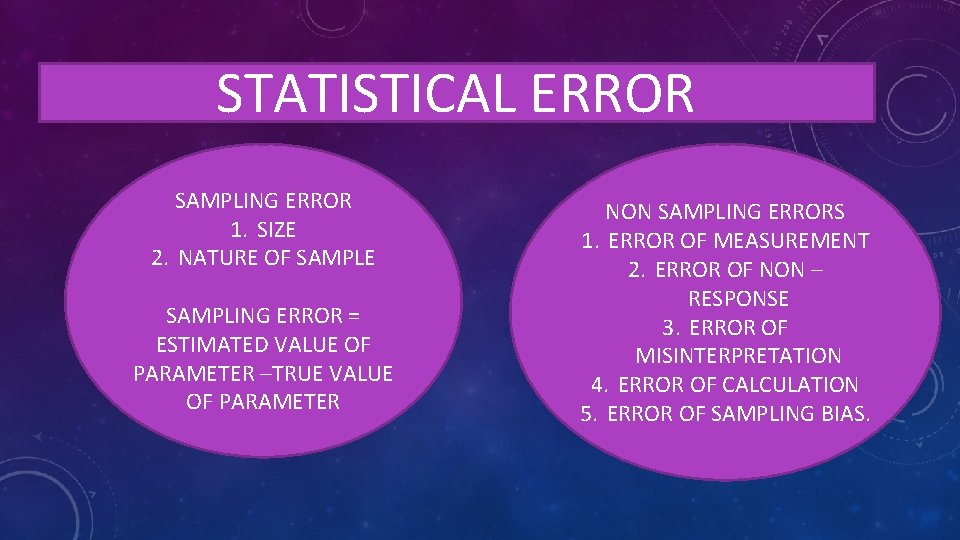 STATISTICAL ERROR SAMPLING ERROR 1. SIZE 2. NATURE OF SAMPLE SAMPLING ERROR = ESTIMATED