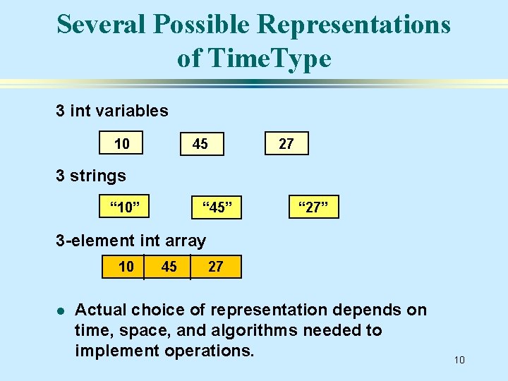 Several Possible Representations of Time. Type 3 int variables 10 45 27 3 strings