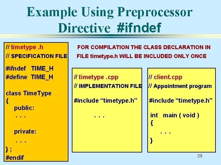 Example Using Preprocessor Directive #ifndef // timetype. h // SPECIFICATION FILE #ifndef TIME_H #define