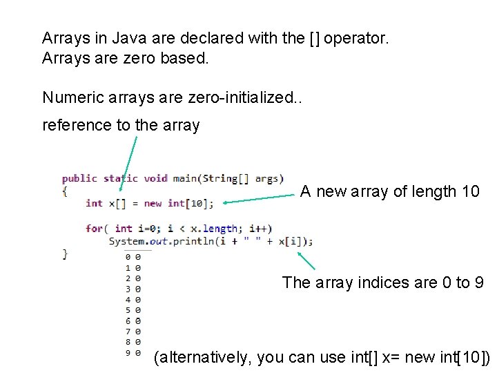Arrays in Java are declared with the [] operator. Arrays are zero based. Numeric
