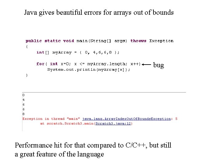 Java gives beautiful errors for arrays out of bounds bug Performance hit for that