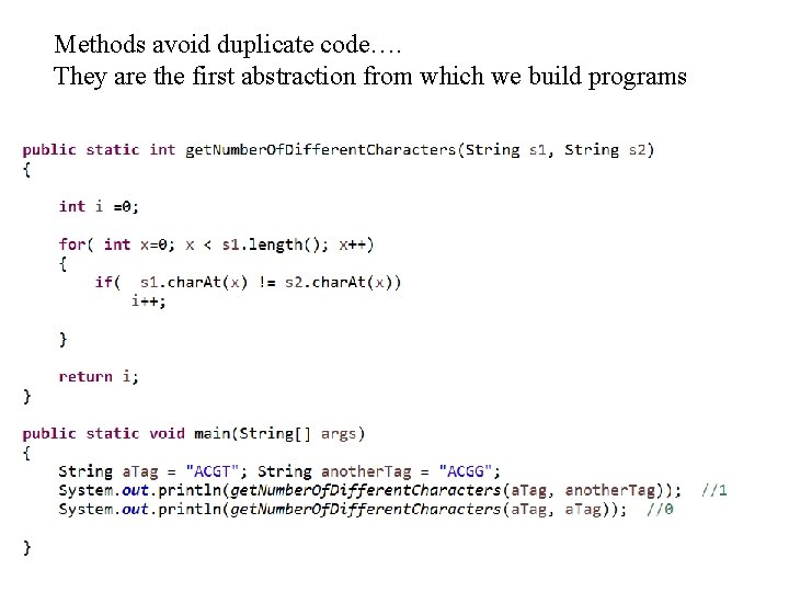 Methods avoid duplicate code…. They are the first abstraction from which we build programs
