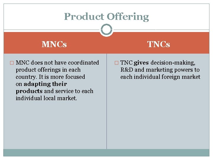 Product Offering MNCs � MNC does not have coordinated product offerings in each country. Product Offering MNCs � MNC does not have coordinated product offerings in each country.