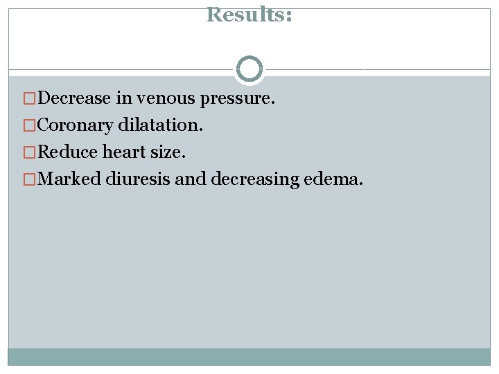 Results: �Decrease in venous pressure. �Coronary dilatation. �Reduce heart size. �Marked diuresis and decreasing