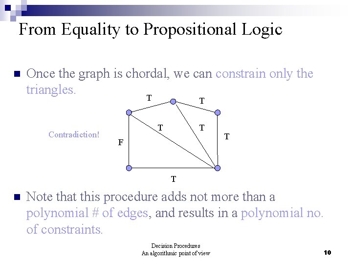 From Equality to Propositional Logic n Once the graph is chordal, we can constrain