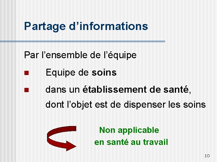 Partage d’informations Par l’ensemble de l’équipe n Equipe de soins n dans un établissement