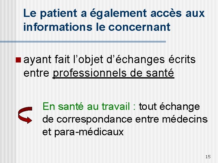 Le patient a également accès aux informations le concernant n ayant fait l’objet d’échanges