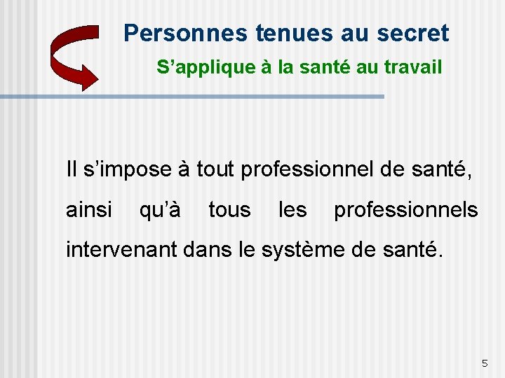 Personnes tenues au secret S’applique à la santé au travail Il s’impose à tout
