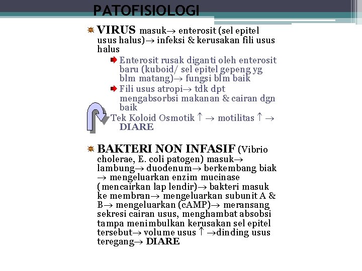 PATOFISIOLOGI VIRUS masuk enterosit (sel epitel usus halus) infeksi & kerusakan fili usus halus