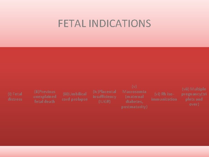 FETAL INDICATIONS (i) Fetal distress (ii)Previous unexplained fetal death (iii)Umbilical cord prolapse (iv)Placental insufficiency